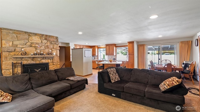 1314 S Division St, Walla Walla, WA 99362 - living area with light carpet, recessed lighting, and a stone fireplace