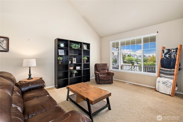 12115 184th Ave E, Bonney Lake, WA 98391 - living room featuring carpet and high vaulted ceiling