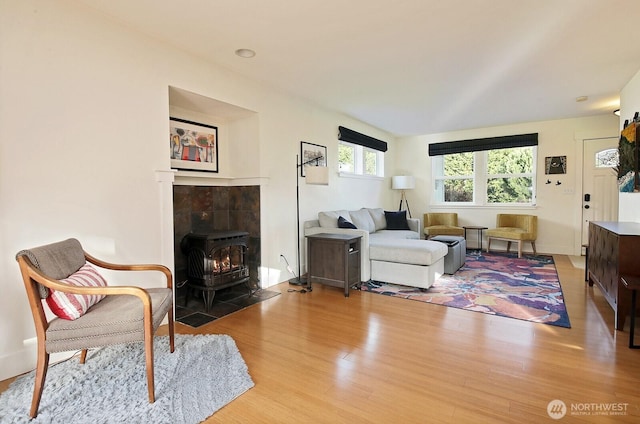 4876 Breezefair Rd, Freeland, WA 98249 - living area featuring a wood stove and wood finished floors