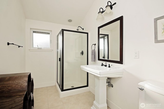 4876 Breezefair Rd, Freeland, WA 98249 - full bathroom with a stall shower, tile patterned flooring, and vaulted ceiling