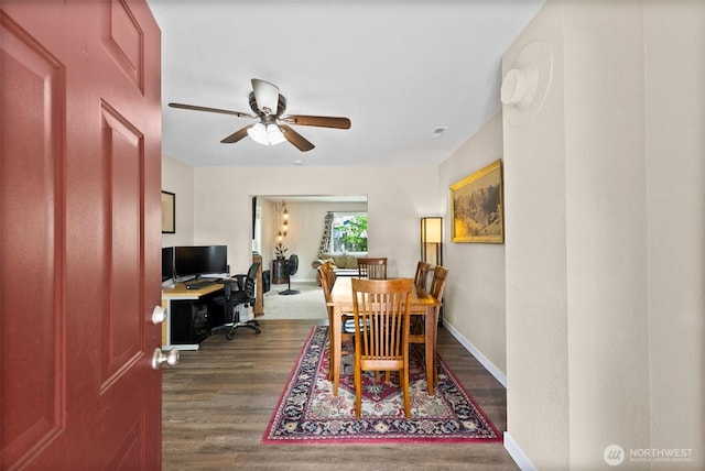9413 356th Street Ct S, Roy, WA 98558 - dining area featuring ceiling fan and dark wood-style flooring