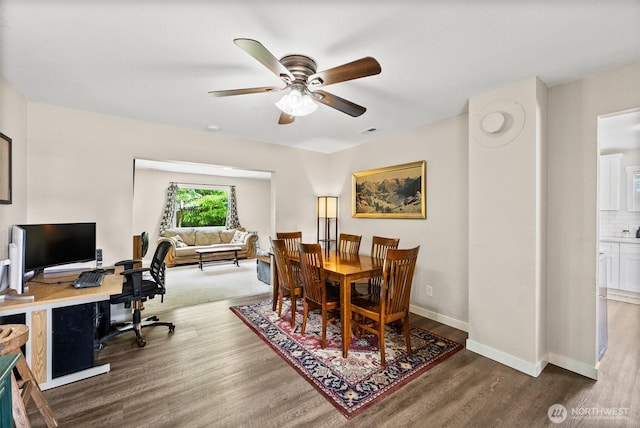9413 356th Street Ct S, Roy, WA 98558 - dining room featuring wood finished floors, a ceiling fan, and an office area