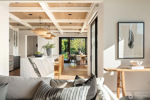 9001 NE 14th St, Clyde Hill, WA 98004 - living room with light wood finished floors, coffered ceiling, and beam ceiling