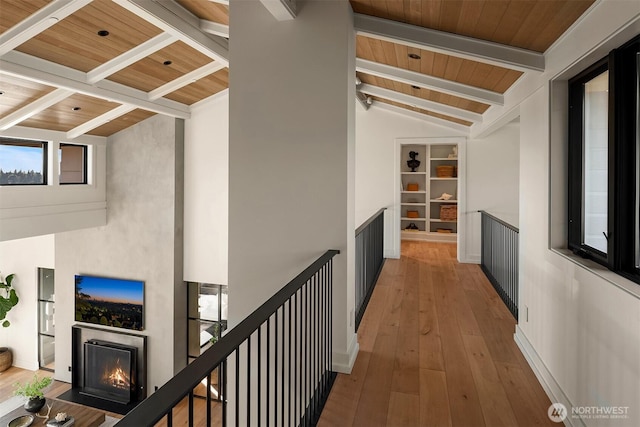 9001 NE 14th St, Clyde Hill, WA 98004 - corridor with wood ceiling, hardwood / wood-style flooring, and built in features