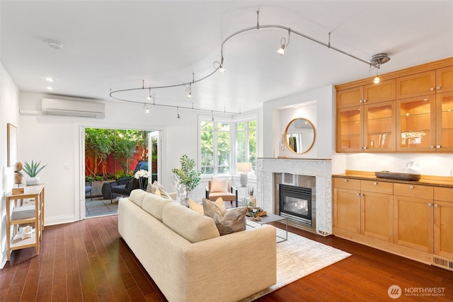 719 2nd Ave W Unit 101, Seattle, WA 98119 - living area featuring a wall mounted AC, dark wood finished floors, and a fireplace with flush hearth
