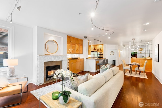 719 2nd Ave W Unit 101, Seattle, WA 98119 - living room with rail lighting, a fireplace with flush hearth, dark wood finished floors, and a chandelier