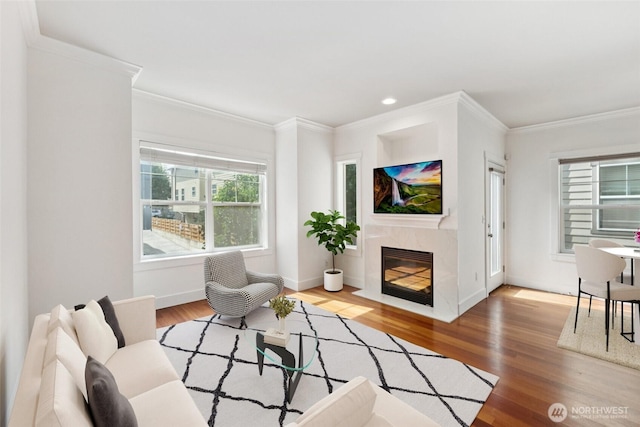 9503 Ashworth Ave N Unit B, Seattle, WA 98103 - living room with wood finished floors, crown molding, a premium fireplace, and recessed lighting