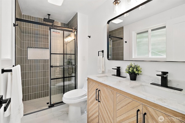 6347 121st Ave SE, Bellevue, WA 98006 - full bathroom with marble look tiles, a shower stall, and double vanity