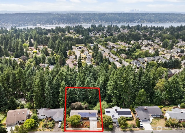 6347 121st Ave SE, Bellevue, WA 98006 - aerial view of residential area featuring property parcel outlined and a forest