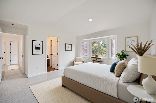 15223 SE 276th Pl, Kent, WA 98042 - bedroom with recessed lighting, light carpet, vaulted ceiling, and ensuite bathroom
