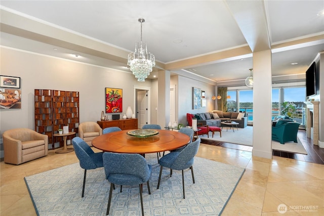 207 Broadway Unit 500, Tacoma, WA 98402 - dining space with ornamental molding, a chandelier, light tile patterned flooring, and recessed lighting
