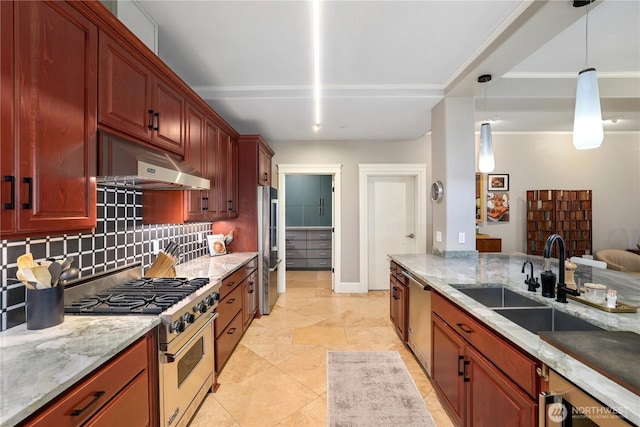 207 Broadway Unit 500, Tacoma, WA 98402 - kitchen with high quality appliances, under cabinet range hood, decorative backsplash, and light stone counters