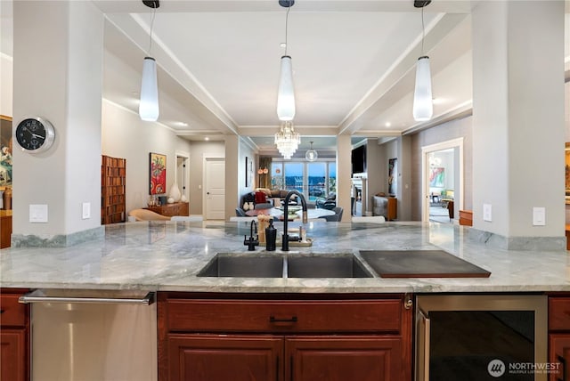207 Broadway Unit 500, Tacoma, WA 98402 - kitchen with wine cooler, open floor plan, stainless steel dishwasher, light stone countertops, and a peninsula