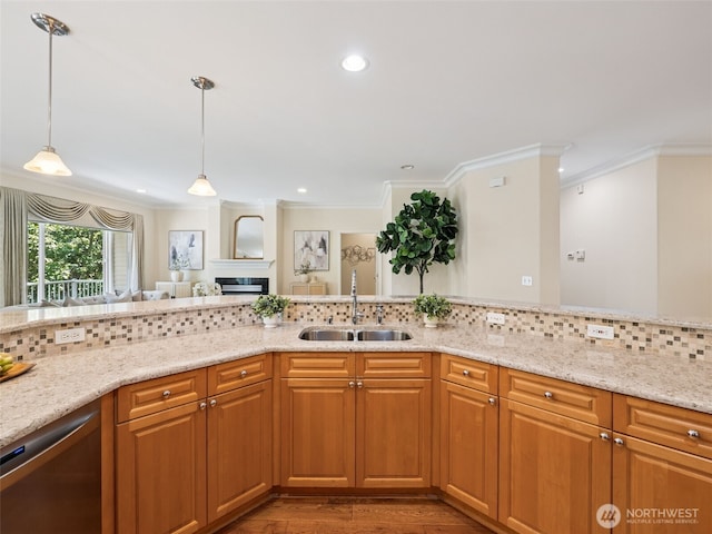 31867 48th Cir SW Unit 14A, Federal Way, WA 98023 - kitchen with dishwasher, ornamental molding, light stone countertops, wood finished floors, and backsplash