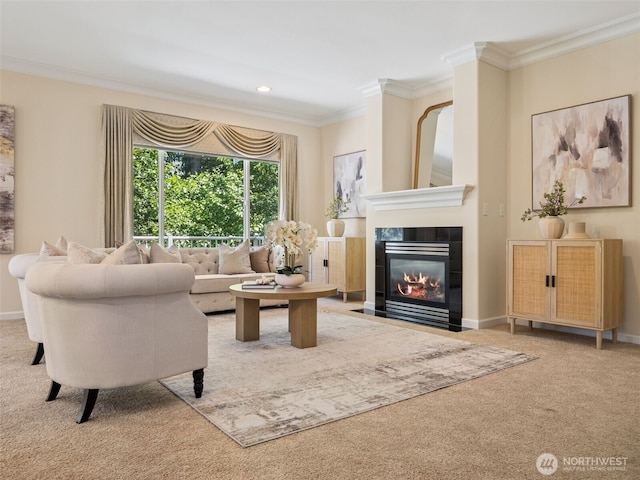 31867 48th Cir SW Unit 14A, Federal Way, WA 98023 - living room with carpet flooring, ornamental molding, a fireplace with flush hearth, and recessed lighting