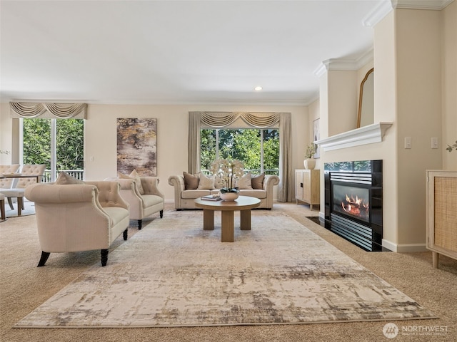 31867 48th Cir SW Unit 14A, Federal Way, WA 98023 - carpeted living area featuring crown molding, plenty of natural light, a fireplace with flush hearth, and recessed lighting