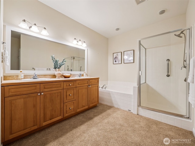 31867 48th Cir SW Unit 14A, Federal Way, WA 98023 - full bathroom featuring carpet floors, a stall shower, double vanity, and a bath