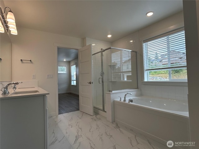 37568 30th Pl S Unit Lot38, Federal Way, WA 98003 - full bathroom featuring a bath, healthy amount of natural light, marble finish floors, a stall shower, and recessed lighting