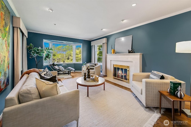 4412 43rd Ave NE, Seattle, WA 98105 - living area with ornamental molding, a premium fireplace, wood finished floors, and recessed lighting