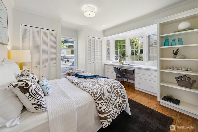 4412 43rd Ave NE, Seattle, WA 98105 - bedroom featuring ornamental molding, multiple closets, built in desk, and wood finished floors