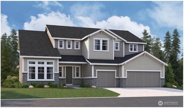 10630 134th Dr NE Unit 112, Lake Stevens, WA 98258 - craftsman house with stone siding, an attached garage, concrete driveway, and a front lawn