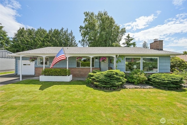 910 Crestline Dr, Longview, WA 98632 - ranch-style home with a front lawn, a garage, a chimney, and brick siding