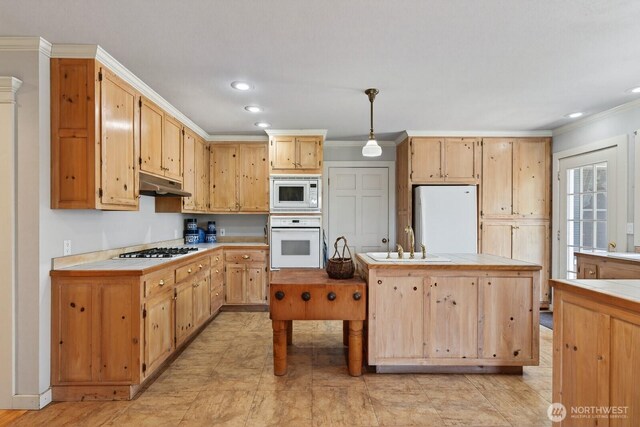 909 308th St NE, Stanwood, WA 98282 - kitchen with white appliances, under cabinet range hood, ornamental molding, light brown cabinetry, and recessed lighting