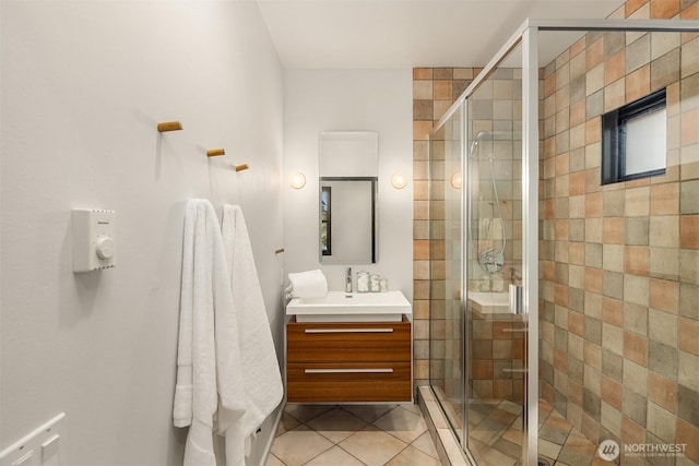 8457 NE 7th St, Medina, WA 98039 - bathroom featuring vanity, tile patterned flooring, and a shower stall