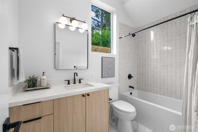 3424 20th Ave S, Seattle, WA 98144 - full bathroom with vanity, shower / bath combo with shower curtain, lofted ceiling, and marble finish flooring