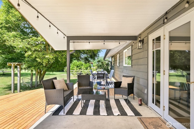 16740 Dunbar Rd, Mount Vernon, WA 98273 - view of patio with outdoor lounge area, a wooden deck, and outdoor dining area