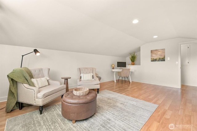 16740 Dunbar Rd, Mount Vernon, WA 98273 - living area featuring lofted ceiling, wood finished floors, an office area, and recessed lighting