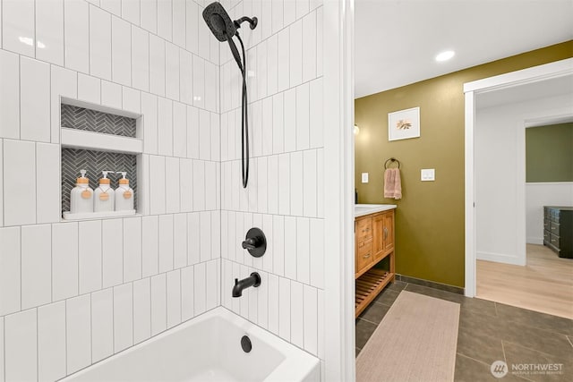 16740 Dunbar Rd, Mount Vernon, WA 98273 - bathroom featuring vanity, tub / shower combination, tile patterned flooring, and recessed lighting
