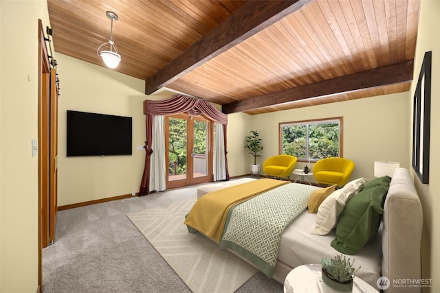 126 SW 171st St, Normandy Park, WA 98166 - bedroom with a wooden ceiling with exposed beams, carpet floors, and access to exterior