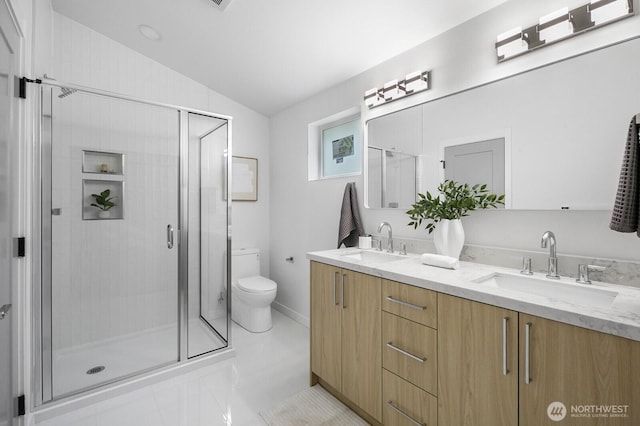 3422 20th Ave S, Seattle, WA 98144 - full bath with double vanity, a shower stall, lofted ceiling, and tile patterned floors