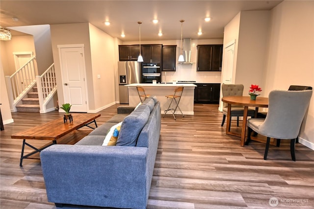 14363 271st Cir NE, Duvall, WA 98019 - living area with stairs, wood finished floors, and recessed lighting