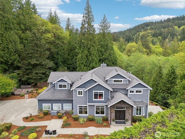 16908 SE Licorice Way, Newcastle, WA 98059 - craftsman-style home with a forest view, stone siding, and a chimney
