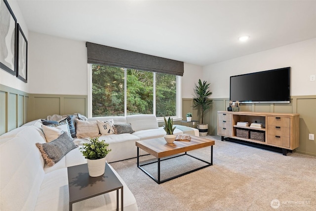 8705 126th Street Ct E, Puyallup, WA 98374 - living room featuring wainscoting, a decorative wall, carpet floors, and recessed lighting