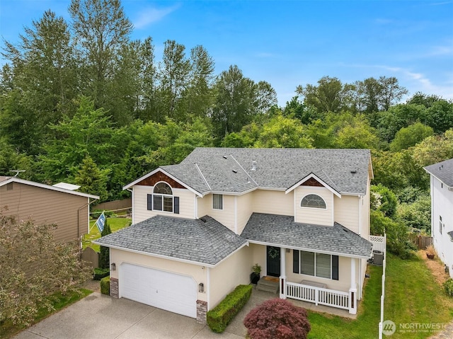 23618 Carter Rd, Bothell, WA 98021 - traditional-style home featuring a porch, driveway, a shingled roof, and a garage
