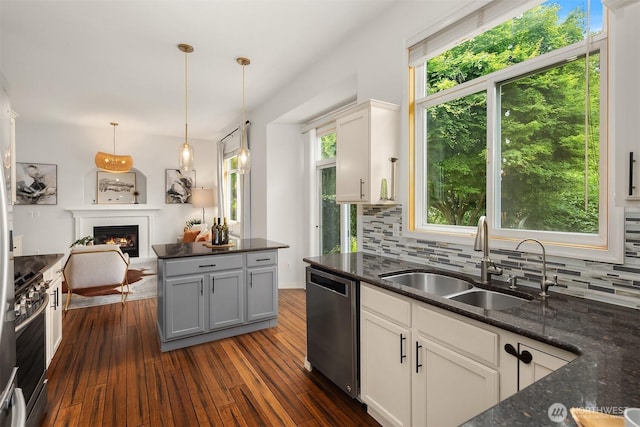 23618 Carter Rd, Bothell, WA 98021 - kitchen with stainless steel appliances, a glass covered fireplace, tasteful backsplash, and dark wood-style floors