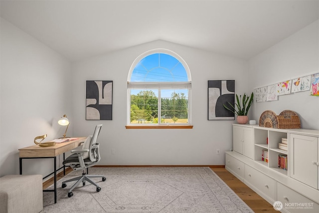 23618 Carter Rd, Bothell, WA 98021 - office area featuring vaulted ceiling and light wood-style floors