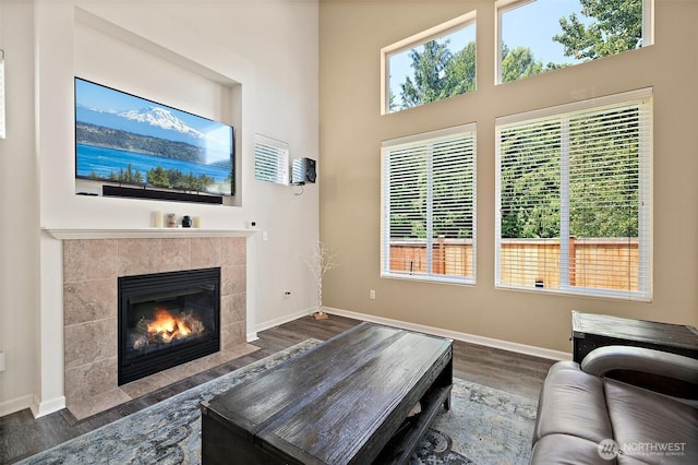 16922 SE 262nd St, Covington, WA 98042 - living area featuring wood finished floors, a fireplace, and a high ceiling