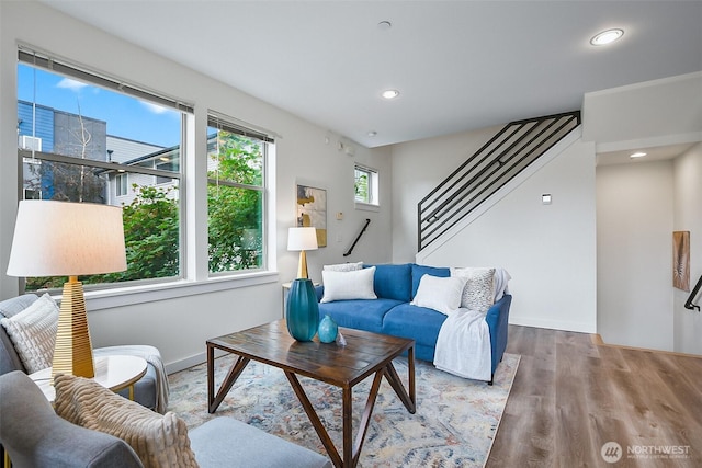1214 N Northgate Way, Seattle, WA 98133 - living area featuring stairs, wood finished floors, and recessed lighting