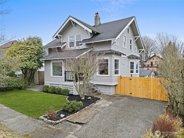 3209 S 8th St, Tacoma, WA 98405 - view of front of property featuring a chimney, a shingled roof, a porch, and a gate