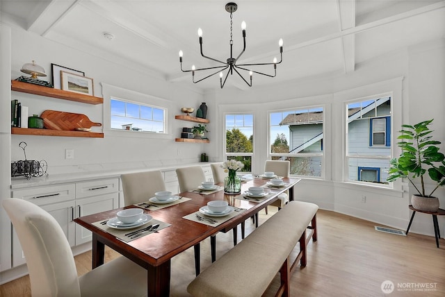 3209 S 8th St, Tacoma, WA 98405 - dining area featuring a chandelier, light wood-style floors, and beamed ceiling