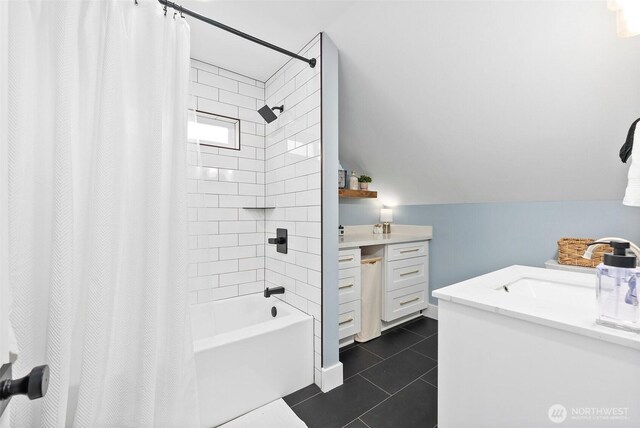 3209 S 8th St, Tacoma, WA 98405 - bathroom with vanity, shower / bath combo with shower curtain, and tile patterned floors