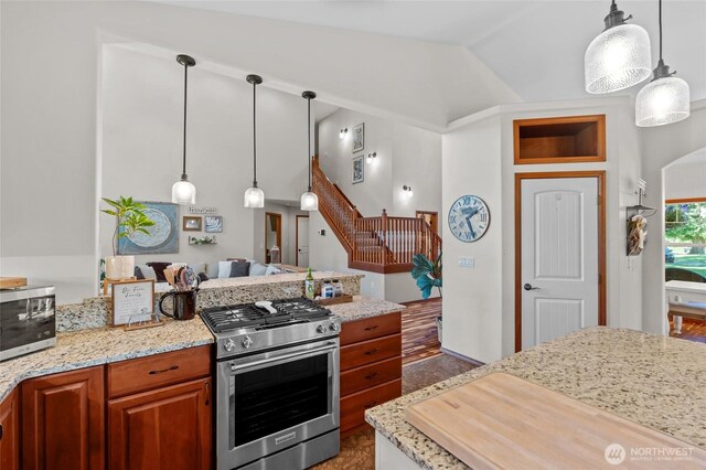 19838 Bear View Ln SW, Rochester, WA 98579 - kitchen with appliances with stainless steel finishes, lofted ceiling, light stone countertops, a peninsula, and decorative light fixtures