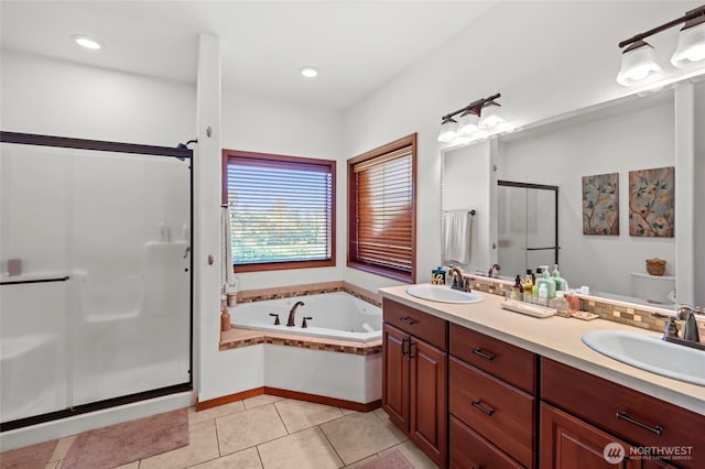 19838 Bear View Ln SW, Rochester, WA 98579 - bathroom featuring a shower stall, double vanity, a bath, and tile patterned floors