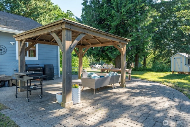 19838 Bear View Ln SW, Rochester, WA 98579 - view of patio with an outdoor hangout area, a storage unit, and a gazebo