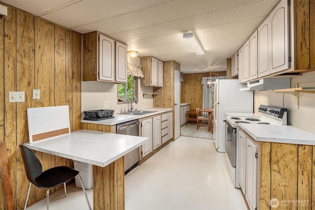 827 211th Pl NE, Sammamish, WA 98074 - kitchen featuring white range with electric cooktop, stainless steel dishwasher, wood walls, a peninsula, and light countertops