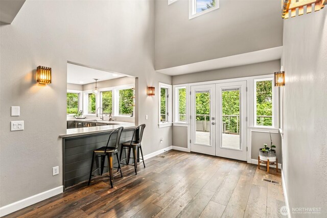 233 Joann Ln, Arlington, WA 98223 - bar area with dark wood finished floors, french doors, and hanging light fixtures